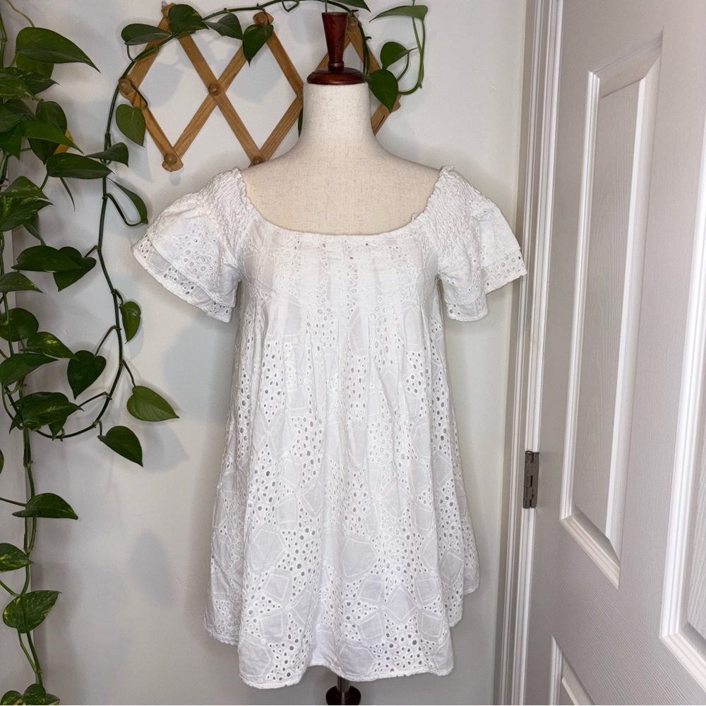 J.O.A. Lace Eyelet Off The Shoulder White Baby Doll Dress